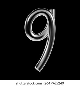 Chrome number 9 formed by a single curved tube, futuristic 3D metallic symbol in Y2K style with smooth reflective surface. Stylized nine numeral isolated