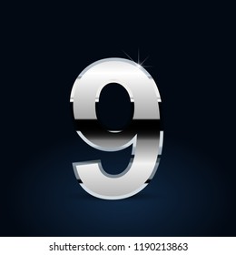Chrome number 9. Vector font isolated on black background
