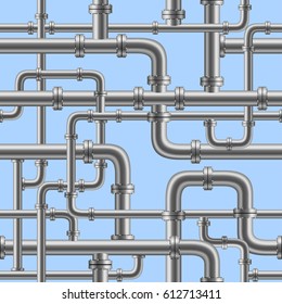 Chrome pipe seamless on blue background. Industry pump water gas oil gasoline diesel fuel supply system. Pipeline project plan. Easy to edit