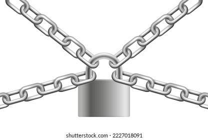 Chrome plated metal chain and padlock. Vector illustration. Eps 10.