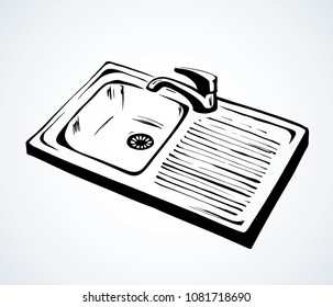 Chrome plug drainhole on white countertop backdrop. Freehand outline black ink hand drawn logo emblem sign sketch in retro art doodle cartoon style pen on paper. Closeup top view with space for text