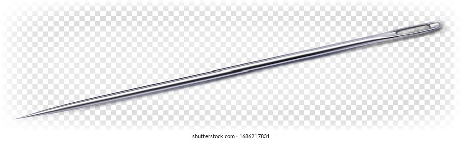 Chrome realistic sewing needle isolated on a white transparent background. Sewing accessories. 3d vector illustration.