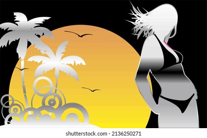 chrome retro style tropical hawaii pretty girl background illustration in vector format