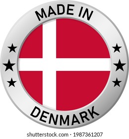 Chrome ring with the inscription: Made in Denmark, in the center - a circle and the flag of Denmark. For industrial enterprises, products, production. Vector illustration.