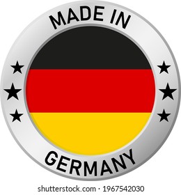 Chrome ring with the inscription: Made in Germany , in the center - a circle and the flag of Germany. For industrial enterprises, products, production. Vector illustration.