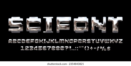 Chrome Sci-Fi  techno font with Y2K and 90s vibes: retro-futuristic aesthetic. 3D bold metallic English letters and numbers. Perfect for neo-futuristic logos, banners, and posters