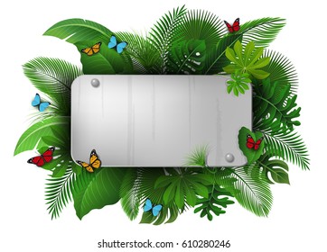 Chrome sign with text space of Tropical Leaves and butterflies. Suitable for nature concept, vacation, and summer holiday. Vector Illustration