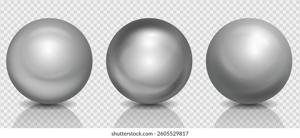 Chrome silver 3d ball realistic set, Glass textured spheres with shining highlights and shadows on transparent background, Vector illustration.