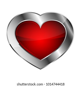 Chrome Or Silver Heart Icon. Vector Illustration. Glossy Heart On White Background