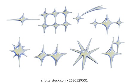 Chrome Sparkle and Starburst Element Set. A chrome sparkle and starburst element set featuring dreamy gradients dynamic bursts in reflective metallic style. Perfect for UI highlights overlays