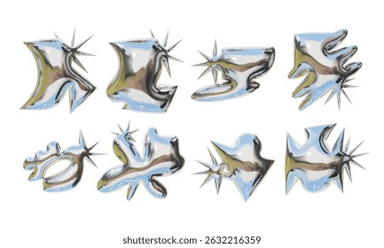 Chrome Spiked Abstract Symbol and Burst. A fierce collection of 8 chrome abstract symbols with sharp starburst spikes jagged edges and high-gloss metallic surfaces. Perfect for dynamic branding