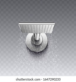 Cabezal de ducha cromada de metal cuadrado colgando en el soporte 3d foto ilustración vectorial realista aislado en fondo transparente. Equipo higiénico de baño o objeto de mobiliario.