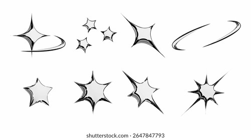 Chrome star emoticon set with metallic silver sparkles, swoosh trail, cluster formation, curved motion line and sharp pointed bursts for y2k aesthetic design, retro digital art or shiny interface.