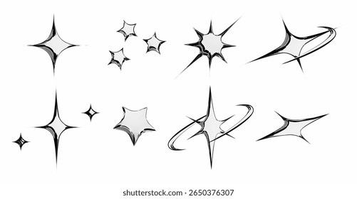 Chrome star emoticon set with metallic silver sparkles, swoosh trail, cluster formation, curved motion line and sharp pointed bursts for y2k aesthetic design, retro digital art or shiny interface.