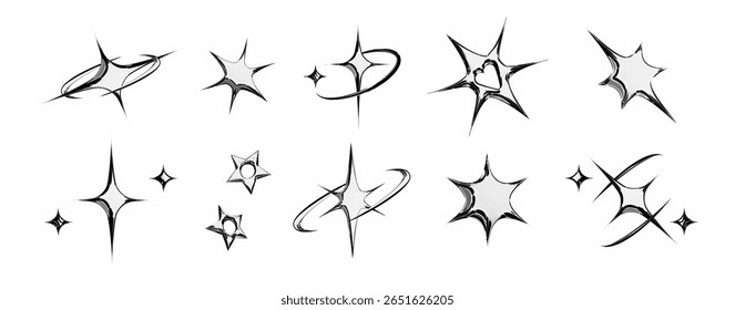 Chrome star emoticon set with metallic silver sparkles, swoosh trail, cluster formation, curved motion line and sharp pointed bursts for y2k aesthetic design, retro digital art or shiny interface.