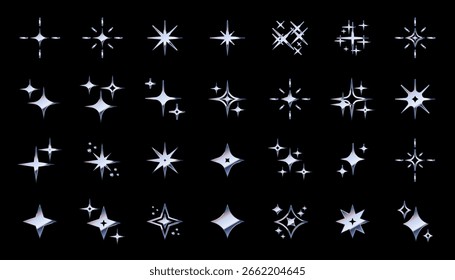 Chrome star set, glossy metallic futuristic emblems in y2k aesthetics, sparkles and blinks graphic design elements for decorations. Vector art.