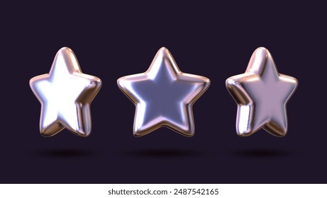 Chrome stars in diverse shapes. Collection of metallic vector elements with a retro futuristic style.