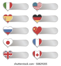 chrome tabs with heart shaped flags isolated on white