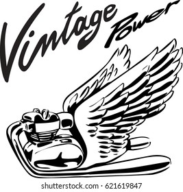 Chrome twin four stroke engine with bird wings drawing with vintage style