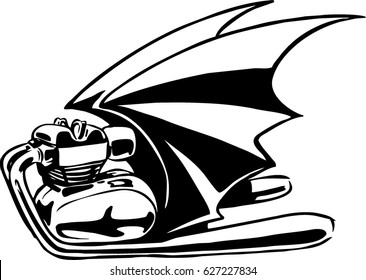 Chrome twin four stroke engine with bat wings drawing in vintage style