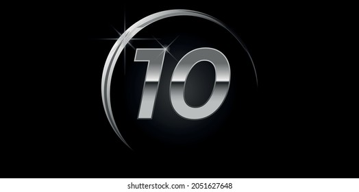 Chrome vector number 10. Logo for birthday, celebrations, dates with silver ring isolated on black background with silver light, vector design for celebration, invitation card and greeting card