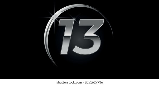 Chrome vector number 13. Logo for birthday, celebrations, dates with silver ring isolated on black background with silver light, vector design for celebration, invitation card and greeting card