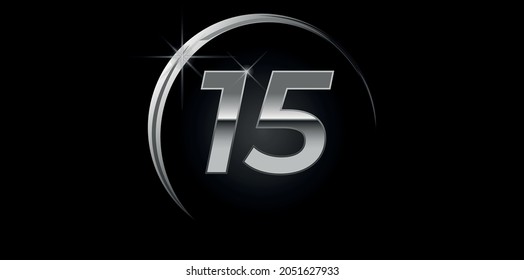 Vector cromado número 15. Logo para cumpleaños, celebraciones, citas con anillo de plata aislado en fondo negro con luz de plata, diseño vectorial para celebración, tarjeta de invitación y tarjeta de saludo
