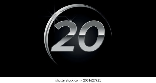 Chrome vector number 20. Logo for birthday, celebrations, dates with silver ring isolated on black background with silver light, vector design for celebration, invitation card and greeting card
