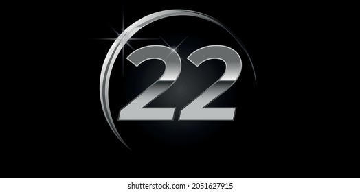 Chrome vector number 22. Logo for birthday, celebrations, dates with silver ring isolated on black background with silver light, vector design for celebration, invitation card and greeting card