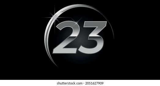 Chrome vector number 23. Logo for birthday, celebrations, dates with silver ring isolated on black background with silver light, vector design for celebration, invitation card and greeting card