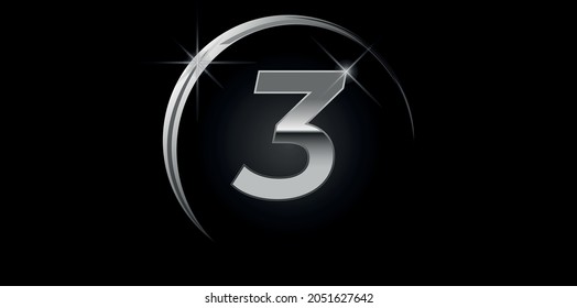 Chrome vector number 3. Logo for birthday, celebrations, dates with silver ring isolated on black background with silver light, vector design for celebration, invitation card and greeting card