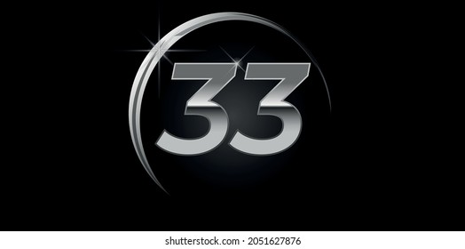 Chrome vector number 33. Logo for birthday, celebrations, dates with silver ring isolated on black background with silver light, vector design for celebration, invitation card and greeting card