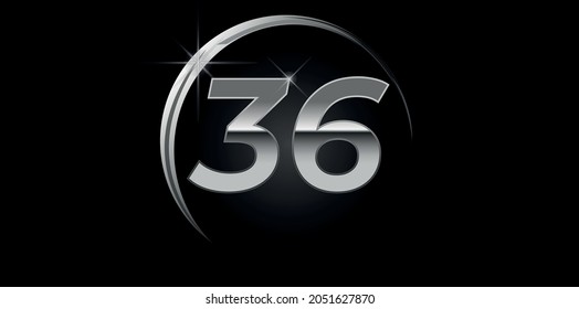 Chrome-Vektornummer 36. Logo zum Geburtstag, Feiern, Termine mit silbernem Ring einzeln auf schwarzem Hintergrund mit silbernem Licht, Vektordesign für Feiern, Einladungskarte und Grußkarte