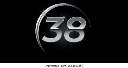 Chrome vector number 38. Logo for birthday, celebrations, dates with silver ring isolated on black background with silver light, vector design for celebration, invitation card and greeting card