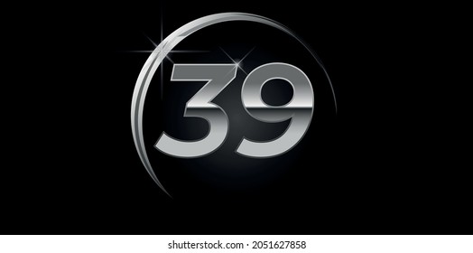 Vector cromado número 39. Logo para cumpleaños, celebraciones, citas con anillo de plata aislado en fondo negro con luz de plata, diseño vectorial para celebración, tarjeta de invitación y tarjeta de saludo