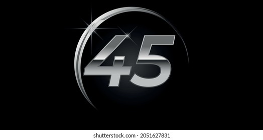 Chrome vector number 45. Logo for birthday, celebrations, dates with silver ring isolated on black background with silver light, vector design for celebration, invitation card and greeting card