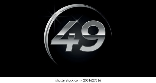 Chrome-Vektornummer 49. Logo zum Geburtstag, Feiern, Termine mit silbernem Ring einzeln auf schwarzem Hintergrund mit silbernem Licht, Vektordesign für Feiern, Einladungskarte und Grußkarte