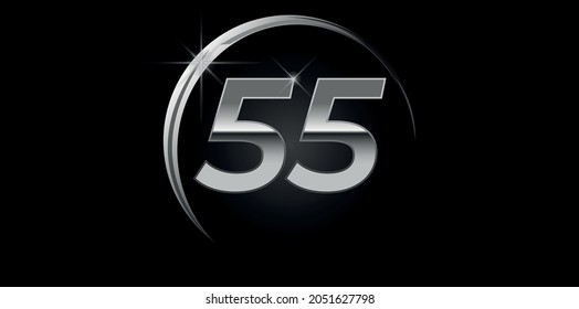 Chrome vector number 55. Logo for birthday, celebrations, dates with silver ring isolated on black background with silver light, vector design for celebration, invitation card and greeting card