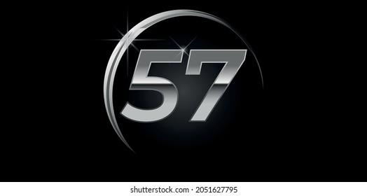 Chrome vector number 57. Logo for birthday, celebrations, dates with silver ring isolated on black background with silver light, vector design for celebration, invitation card and greeting card