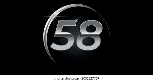 Vector cromado número 58. Logo para cumpleaños, celebraciones, citas con anillo de plata aislado en fondo negro con luz de plata, diseño vectorial para celebración, tarjeta de invitación y tarjeta de saludo