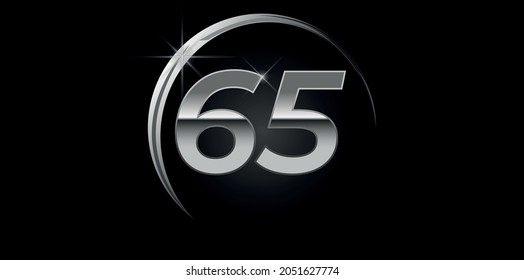 Chrome vector number 65. Logo for birthday, celebrations, dates with silver ring isolated on black background with silver light, vector design for celebration, invitation card and greeting card