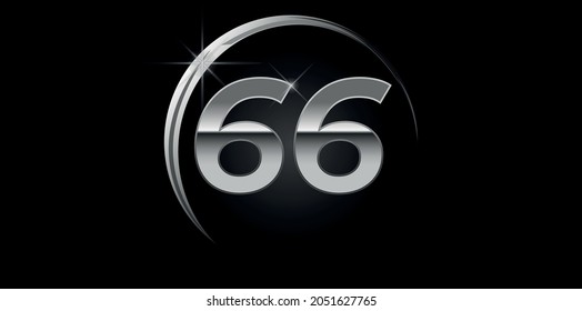 Chrome vector number 66. Logo for birthday, celebrations, dates with silver ring isolated on black background with silver light, vector design for celebration, invitation card and greeting card