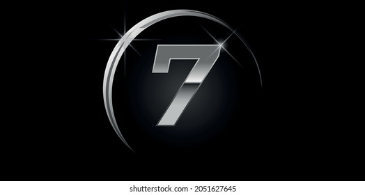 Vector cromado número 7. Logo para cumpleaños, celebraciones, citas con anillo de plata aislado en fondo negro con luz de plata, diseño vectorial para celebración, tarjeta de invitación y tarjeta de saludo