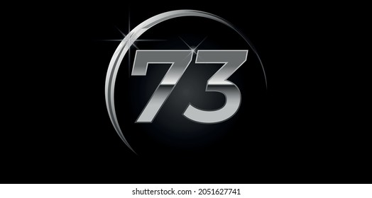 Chrome vector number 73. Logo for birthday, celebrations, dates with silver ring isolated on black background with silver light, vector design for celebration, invitation card and greeting card