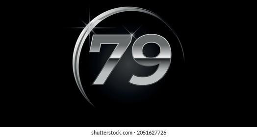 Chrome vector number 79. Logo for birthday, celebrations, dates with silver ring isolated on black background with silver light, vector design for celebration, invitation card and greeting card