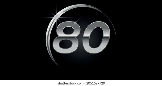 Chrome vector number 80. Logo for birthday, celebrations, dates with silver ring isolated on black background with silver light, vector design for celebration, invitation card and greeting card