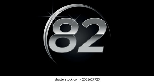Chrome vector number 82. Logo for birthday, celebrations, dates with silver ring isolated on black background with silver light, vector design for celebration, invitation card and greeting card