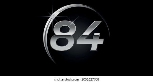 Chrome vector number 84. Logo for birthday, celebrations, dates with silver ring isolated on black background with silver light, vector design for celebration, invitation card and greeting card