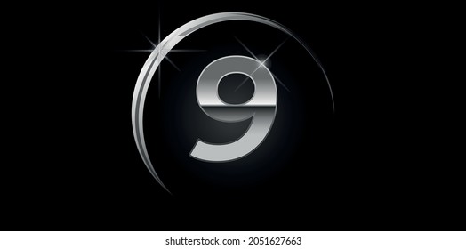 Chrome vector number 9. Logo for birthday, celebrations, dates with silver ring isolated on black background with silver light, vector design for celebration, invitation card and greeting card