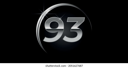 Chrome vector number 93. Logo for birthday, celebrations, dates with silver ring isolated on black background with silver light, vector design for celebration, invitation card and greeting card
